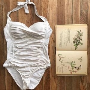Vintage Inspired White Ruched One Piece Halter Sweetheart Retro Swimsuit